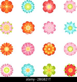 Niedliche florale Vektorgrafiken im flachen Stil. Blühende Ikone Set der 70er Jahre Stock Vektor