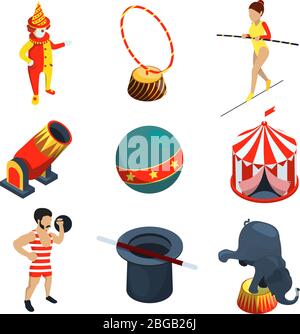 Circus Symbol gesetzt. Menschen, Tiere, Zauberer zeigen Clowns und andere Vektor-Illustration im Cartoon-Stil Stock Vektor