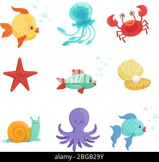 Marine Set mit Unterwasserpflanzen und Meeresfischen im Cartoon-Stil. Vektorgrafiken Stock Vektor