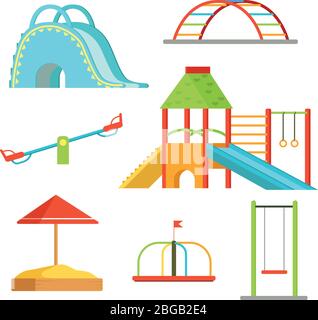 Verschiedene Geräte auf dem Spielplatz für Spiele für Kinder. Vektorhintergrund Stock Vektor