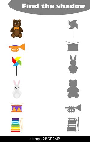 Finden Sie den Schatten, Spiel mit verschiedenen Spielzeug für Kinder im Cartoon-Stil, Bildung Spiel für Kinder, Vorschule Arbeitsblatt Aktivität, Aufgabe für die Entwicklung Stock Vektor