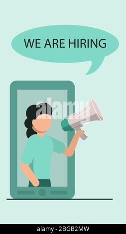 Wir stellen Konzept. Frau mit Megaphon kündigt Vakanz vom Handy-Bildschirm. Personalwesen, Jobsuche und offene Stellen. Lagervektor illust Stock Vektor