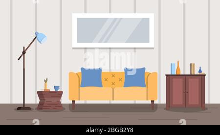 Buntes Wohnzimmer mit Möbeln, Sofa, Lampe, Bild. Vorlage für Hintergrund, Poster, Banner Stock Vektor Illustration. Flacher Stil Stock Vektor