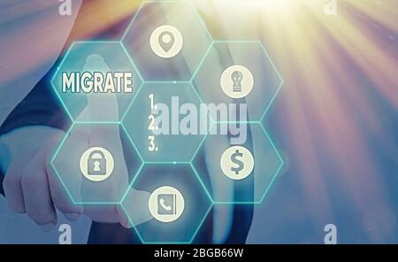 Konzeptionelles Handschreiben mit Migrate. Konzept bedeutet, dass Sie von einem Ort oder Ort in ein anderes Land wechseln oder reisen Stockfoto