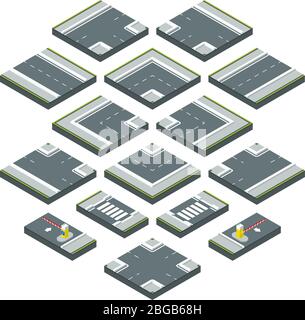 Isometrische Stadtelemente Straße, Gras und Kreuzungen. Vektorgrafiken setzen auf weißen Hintergrund isolieren Stock Vektor