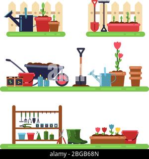Gartenlandschaft mit verschiedenen Möbeln. Sommer im Freien Stock Vektor