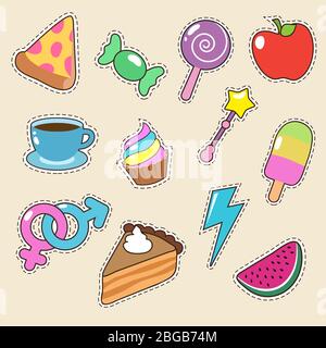 Obst, Pizza, Kaffee und Süßigkeiten Aufkleber Vektor-Symbole. Mädchen Mode Patches Sammlung. Illustration von Süßigkeiten Essen, bunte Karamell und Kaffee, Pizza und Apfel Stock Vektor