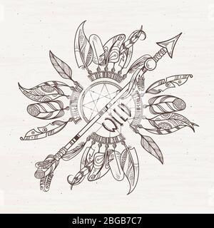 Tribal Poster mit Traumfängern Pfeile und indischen Federn. Vektorgrafik mit Platz für Ihren Text Stock Vektor