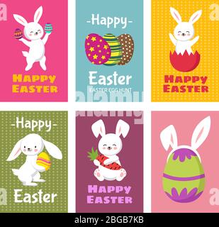 Frohe Ostern Vektor Grußkarten mit Cartoon Hase Kaninchen und ostereier. Illustration von osterferien mit Kaninchen und Eiern Stock Vektor