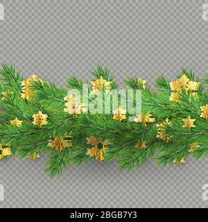 Weihnachtsrahmen aus realistisch aussehenden Kiefernästen mit Goldfolie Schneeflocken auf transparentem Hintergrund. EPS 10 Stock Vektor