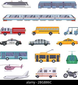 Verschiedene kommunale Verkehrsmittel Set. Vektorgrafiken von Autos Stock Vektor