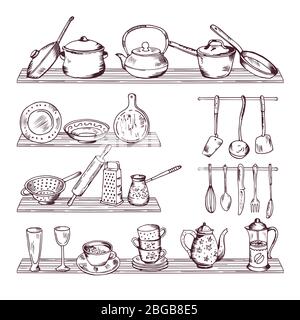 Küche Holzregale mit verschiedenen Werkzeugen. Handgezeichnete Vektorgrafik isoliert auf weißem Hintergrund Stock Vektor
