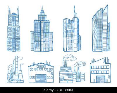 Verschiedene moderne Gebäude mit Büros, Industrie und Fabriken handgezeichnete Illustration Stock Vektor