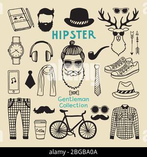 Hipster Stil Elemente Set von männlichen Charakter. Handgezeichnete funky Elemente für Ihr Design-Projekt Stock Vektor