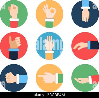 Verschiedene Hände in Aktion Posen. Vektorbilder in farbigen Rahmen Stock Vektor