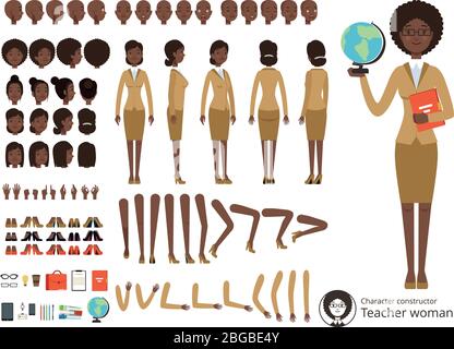 Vektor Konstruktor des weiblichen Charakters. Afroamerikanischer Lehrer zeigt. Vektor verschiedene Körperteile und Elemente gesetzt Stock Vektor