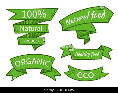 Vector natürliche Lebensmittel, Öko, Bio-Produktvorlagen, Abzeichen, Etiketten. Handgezeichnete Bänder. Vektorgrafik Stock Vektor
