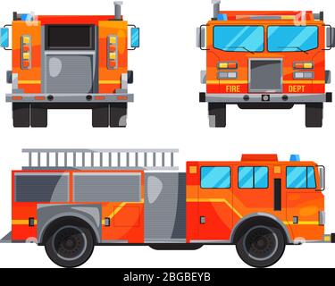 Verschiedene Seiten des Feuerwehrwagens. Spezifisches Profiauto für Feuerwehrmann Stock Vektor