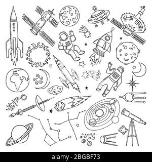 Doodle verschiedene Universum Elemente. Planeten, Sonne, Erde und Mond. Handgezeichnete Vektorgrafiken Stock Vektor
