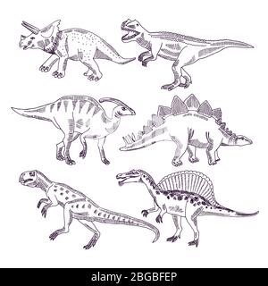 Wildes Leben mit Dinosauriern. Handgezeichnete Illustrationen Set von t rex und anderen Dino-Typen Stock Vektor
