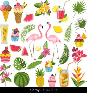 Sommer Zeit Etiketten für tropische Party gesetzt. Verschiedene Symbole im flachen Stil. Getränke, Wassermelone, Limonade und Flamingo Stock Vektor