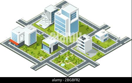 Isometrische Vektordarstellung öffentlicher Bauten. Gebäude und Bäume auf 3d-Kartenfragment. Kartografiebild Stock Vektor