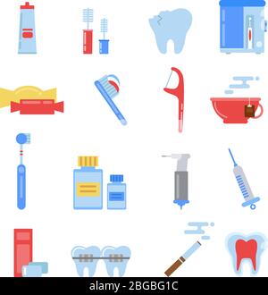 Illustrationen für das Gesundheitswesen im flachen Stil. Dental verschiedene Symbole gesetzt. Zahn, Mund und andere spezifische Bilder Stock Vektor