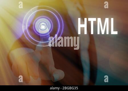 Hinweis wird mit HTML geschrieben. Geschäftskonzept für die Lingua franca zur Veröffentlichung von Hypertext im World Wide Web Stockfoto