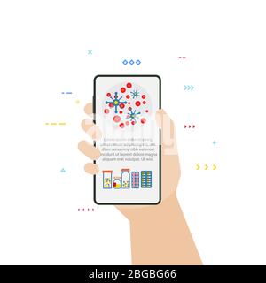 Medizinische App auf dem Telefon mit Viren und Medikamenten. Mikroben im Blut und Text. Hand halten Smartphone mit med App. Vektorgrafik im flachen Stil. Klinik CO Stock Vektor