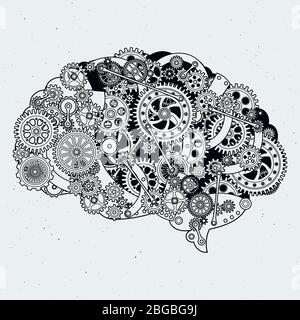 Uhrmechanismus im menschlichen Gehirn. Verschiedene Zahnräder aus Stahl. Handgezeichnete Vektorgrafiken Stock Vektor