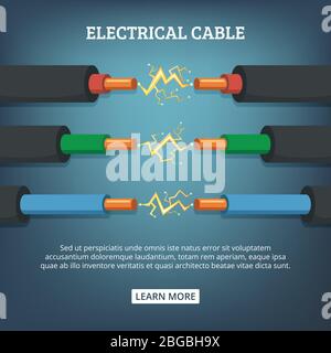 Poster mit Cartoon-Illustration von elektrischen Kabeln mit verschiedenen Stromstärke. Vektorhintergrundkonzept Stock Vektor