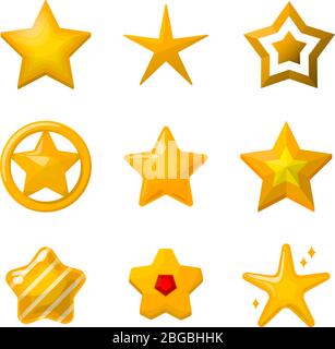 Glänzende goldene Sterne im Cartoon-Stil. Symbole für Spiele-Design-Projekte Stock Vektor