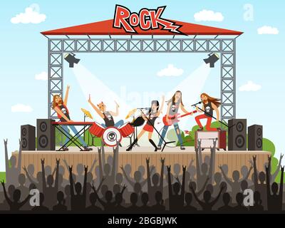Rockband auf der Bühne. Leute auf Konzert. Musikleistung. Vektor-Illustration im Cartoon-Stil Stock Vektor