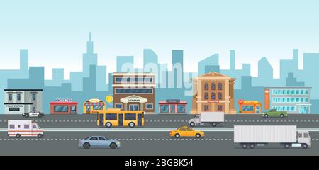 Urbane Landschaft mit modernen Gebäuden und Marktplätzen. Verschiedene Autos auf der Straße. Vektor-Illustrationen im Cartoon-Stil Stock Vektor