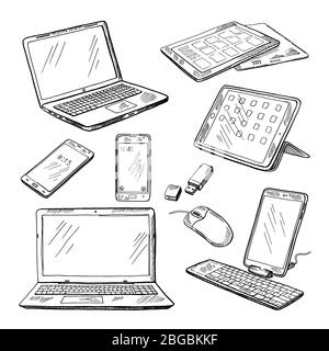 Doodle Illustrationen von verschiedenen Geräten Laptop, Smartphone, Tablet, pc und andere. Vektorbilder gesetzt Stock Vektor