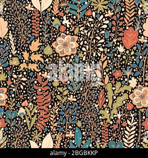 Bunte floral nahtlose Muster, Doodle Cartoon gezeichneten Blumen, exotischen natürlichen Hintergrund, Hand Zeichnung. Mehrfarbige Pflanzenzweige, Knospen, Blütenblätter an Stock Vektor
