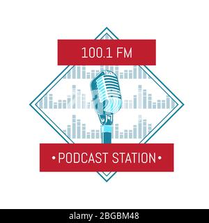 Vektor Podcast Station Logo mit Mikrofon auf Schallwellen Hintergrund Stock Vektor