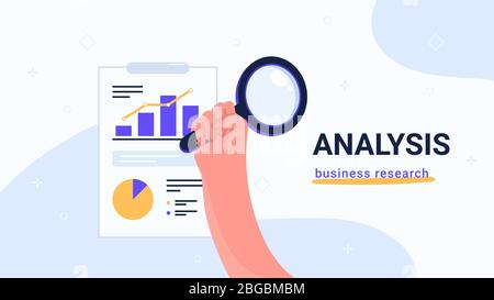 Analyse und Business Research berichten. Flache Vektor moderne Illustration der menschlichen Hand hält gelbe Lupe zu überprüfen Stock Vektor