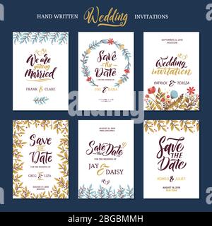 Einladungskarten für Hochzeit mit Kalligraphie Worte. Merken Sie sich das Datum vor Stock Vektor