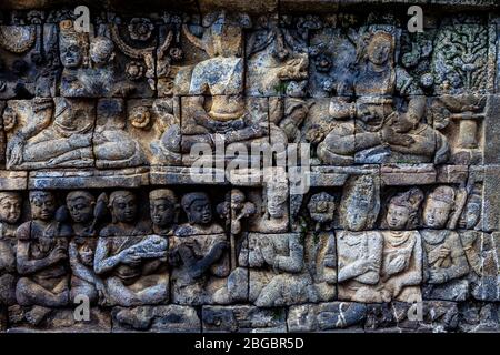 Reliefplatten Im Borobudur Tempel, Yogyakarta, Zentraljava, Indonesien Stockfoto