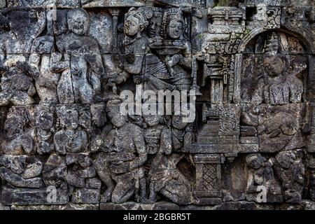 Reliefplatten Im Borobudur Tempel, Yogyakarta, Zentraljava, Indonesien Stockfoto