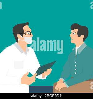 Arzt in einer Maske mit einem Ordner in der Hand. Patient beim Arzttermin. Vektor flache Abbildung Stock Vektor