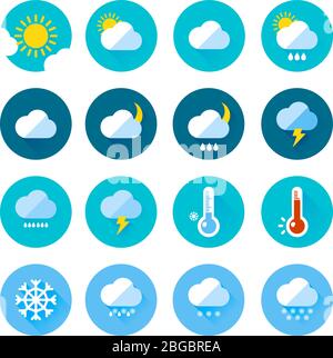 Farbige Wettersymbole im flachen Stil. Unterschiedliche Visualisierung des Klimas. Regnerische und sonnige Tage Stock Vektor