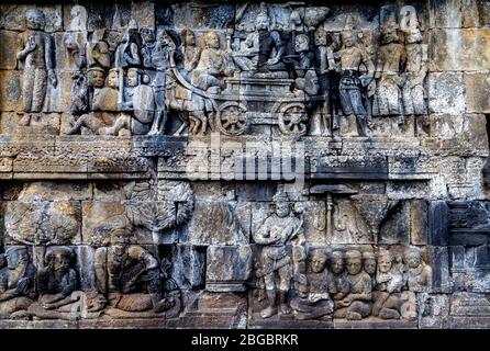 Reliefplatten Im Borobudur Tempel, Yogyakarta, Zentraljava, Indonesien Stockfoto