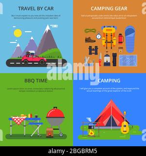 Vier Vektorgrafiken für Outdoor-Aktivitäten. Sommer Camping, Klettern, Wandern und Road Travel Stock Vektor