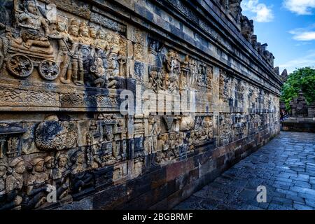 Reliefplatten Im Borobudur Tempel, Yogyakarta, Zentraljava, Indonesien Stockfoto