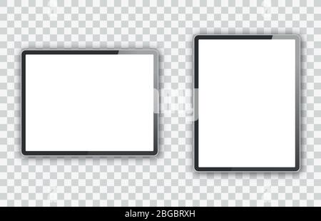 Zwei realistische Tablet-PC mit Bildschirm isoliert auf transparentem Hintergrund. Kann für Vorlage, Projekt, Präsentation oder Banner verwendet werden. Elektronische Geräte, Geräte-Set Mock Up. Vektorgrafik EPS 10 Stock Vektor