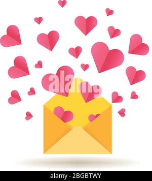 Happy Valentines Day Vektorkarte mit offenem Umschlag und roten Herzen. Umschlag mit rotem Herz, valentine romantische Mail Illustration Stock Vektor