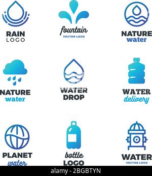 Trinksymbole und Wasser-Vektorlogos. Öko-Embleme des Ozeans. Aqua Drink Emblem, Wasser frisch Logo Illustration Stock Vektor
