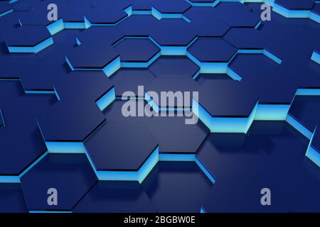 Leuchtende blaue Hexagon Muster Hintergrund. 3D-Rendering Stockfoto